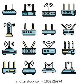 Modem icons set. Outline set of modem vector icons thin line color flat on white