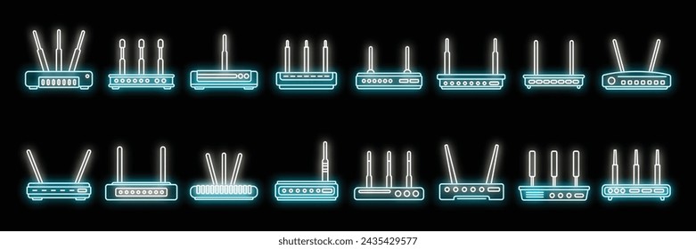 Modem icons set outline vector. Internet router. Lan port access neon isolated