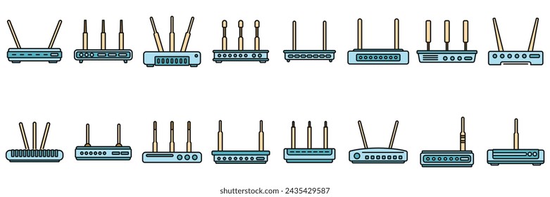 Modem icons set outline vector. Internet router. Lan port access color line isolated