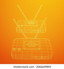 Router de módem con la antena de Internet inalámbrica de alta velocidad. Ilustración vectorial de malla baja de malla de malla de alambre.