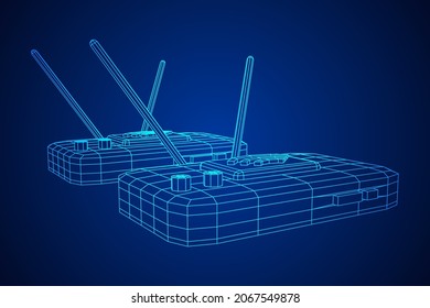 Router de módem con la antena de Internet inalámbrica de alta velocidad. Ilustración vectorial de malla baja de malla de malla de alambre.