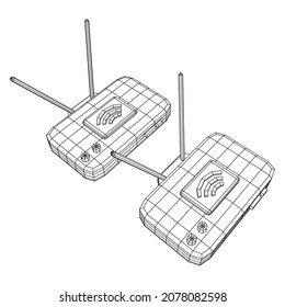 Router de módem con la antena de Internet inalámbrica de alta velocidad. Ilustración vectorial de malla baja de malla de malla de alambre.