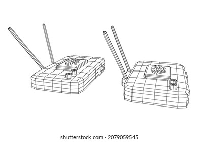 Router de módem con la antena de Internet inalámbrica de alta velocidad. Ilustración vectorial de malla baja de malla de malla de alambre.