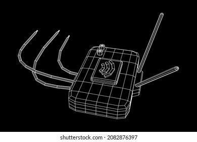 Router de módem con la antena de Internet inalámbrica de alta velocidad. Ilustración vectorial de malla baja de malla de malla de alambre.