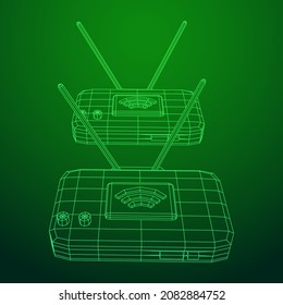 Router de módem con la antena de Internet inalámbrica de alta velocidad. Ilustración vectorial de malla baja de malla de malla de alambre.