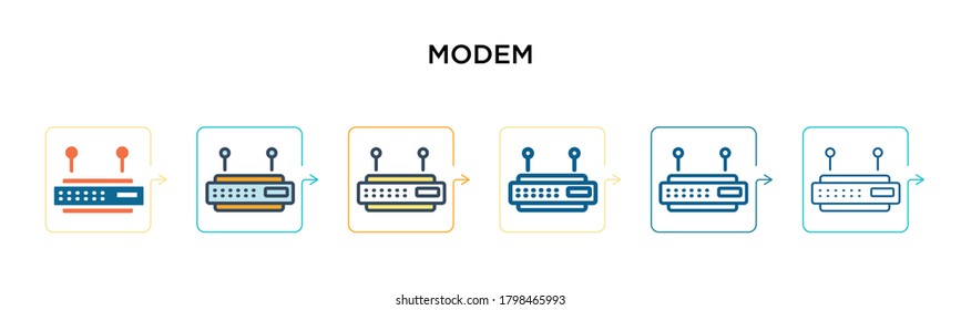 Modem vector icon in 6 different modern styles. Black, two colored modem icons designed in filled, outline, line and stroke style. Vector illustration can be used for web, mobile, ui