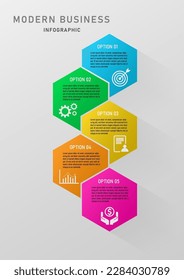 Moden business infographics 5 options bright multi colored hexagons multiple icons design for marketing finance planning product