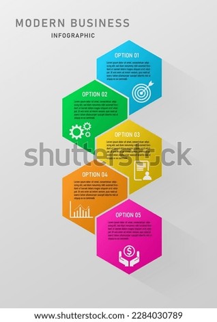 Moden business infographics 5 options bright multi colored hexagons multiple icons design for marketing finance planning product