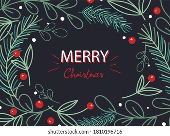 Moden Christmas hand draw background  with green floral elements.