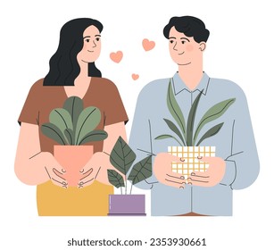 Moden family idea. Young childless couple carry potted plant. Happy man and woman holding houseplant. Wife and husband taking care of flowers. Flat vector illustration