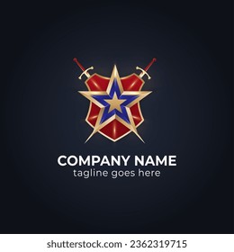 estrella azul y roja de oro dorado moderno con escudo y espada en el diseño de vbacklogo