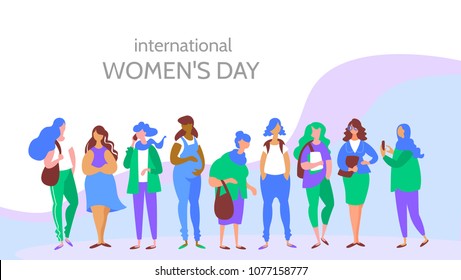 Moden vector concept International Women's Day. Group multiethnic women different age