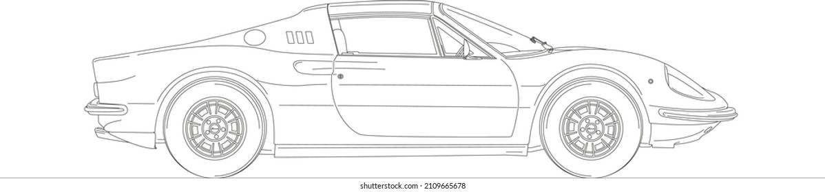 Modena, Italy, January 2022, Ferrari Dino 246 GTS Vintage Super Car, Italian Design, Year 1969, Vector Illustration Outline