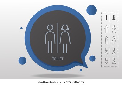 Modenr Flat Design Toilet Signage.WC Sign On Blue Comment Frame.black White Toilet Icon For Bussiness Building Or Mall.new Design For Building Sign On Top Of The Door.