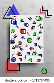 Moder banner background design in memphis style with geometric elements, designed in A4 format with red, blue and green colors, for flyers, posters or magazines. Creative simple design. Eps 10 vector