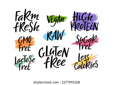 Moder Set of Farm Fresh, High Pritein, Vegan, Gluten and GMO Free, RAW Food Labels. Hand Drawn Logo Templates. Elements for Restaurant Menu or Organic Food Package. Vector Health Food Badges and Tags