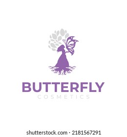 Moder Vector Woman Butterfly Icon Logo Design Template Woman Silhouette Woman Tree Icon Petal Leaves Icon Cosmetics Icon