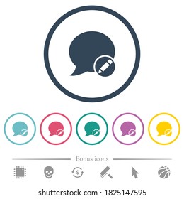 Moderate blog comment flat color icons in round outlines. 6 bonus icons included.