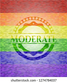Moderate emblem on mosaic background with the colors of the LGBT flag