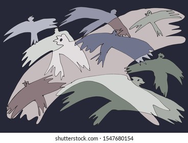 Moderately colored drawing of charming intertwined crows. Decorative artwork can be used as a greeting card, background, decorative fabric pattern, wallpaper. Fractal used in Art therapy for coloring.