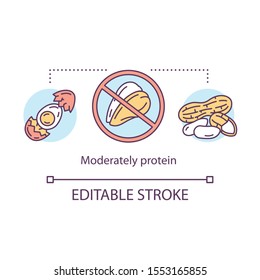 Moderately protein concept icon. Ketogenic diet idea thin line illustration. Moderate keto nutrition. Healthy food, snacks. Egg, nuts. Vector isolated outline drawing. Editable stroke