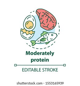 Moderately protein concept icon. Ketogenic diet idea thin line illustration. Moderate keto nutrition. Healthy food. Egg, fish, meat. Vector isolated outline drawing. Editable stroke