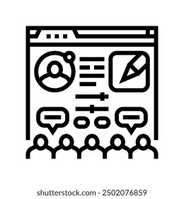 Vector de icono de línea de conferencia virtual de control de moderador. signo de conferencia virtual de control de moderador. símbolo de contorno aislado Ilustración negra