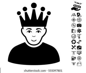 Moderator pictograph with bonus copter tools graphic icons. Vector illustration style is flat iconic black symbols on white background.