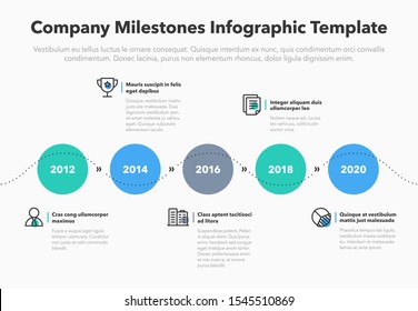 Moderm business infographic for company milestones timeline template with line icons - light version. Easy to use for your website or presentation.