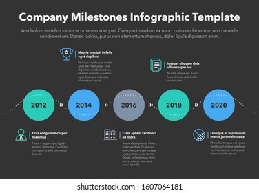 Moderm business infographic for company milestones timeline template with line icons - dark version. Easy to use for your website or presentation.