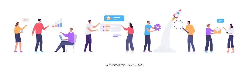 Moderm people work with information technologies process illustration set