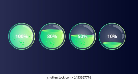 Modern 100 80 50 10 percent loading status indicator. Glass liquid level of power in bottle. Glossy style of loading bar in electronic device. Colorful discharged and fully charged battery.