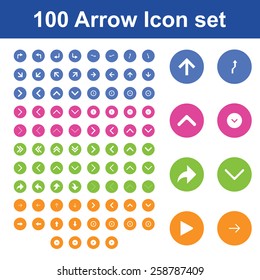 modern 100 arrow icon set . circle shape internet button on gray background. pictogram minimal, solid, mono, monochrome, plain, contemporary style. Vector illustration web internet design elements