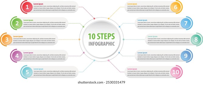 Infografía de proceso moderna de 10 pasos con círculos centrales y cuadros de bifurcación para la visualización de flujo de trabajo, línea de tiempo o guía paso a paso