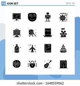Modern 16 solid style icons. Glyph Symbols for general use. Creative Solid Icon Sign Isolated on White Background. 16 Icons Pack.