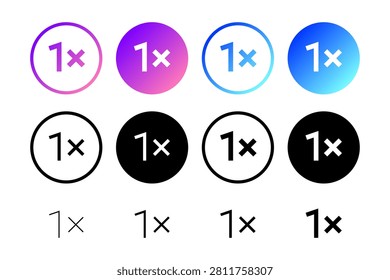 Modern 1x playback speed icon set featuring circle button, gradient, outline, filled, black, blue, and purple-pink styles, ideal for media players, video, audio, streaming, controls interfaces	