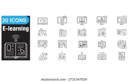 Moderno conjunto de 20 iconos de línea de aprendizaje electrónico que representan la educación en línea, el aula virtual, la formación digital y los conceptos de aprendizaje a distancia. Perfecto para Sitios web, App, presentaciones e infografías relacionadas con la educación, cursos, seminarios web y enseñanza digital.