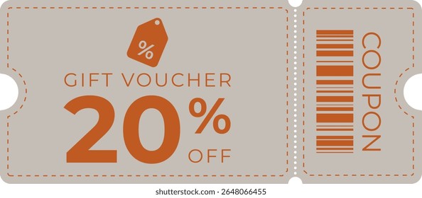 20% de desconto moderno laranja vale cupom de presente com código de barras no fundo bege. Ideal para vendas, promoções e publicidade. Design limpo e plano perfeito para uso comercial e digital.