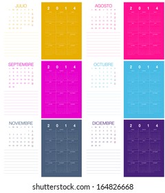 Modern 2014 vector calendar Spanish. July to December