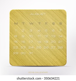 modern, 2016 year calendar over brown wooden board, isolated on white background. vector August office organizer 