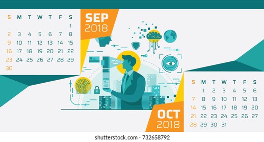 Modern 2018 Desk Technology Calendar Illustration Template - September And October