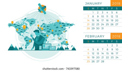 Modern 2018 Desk Technology Calendar Illustration Template - January And February