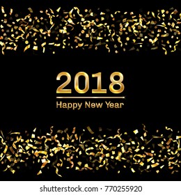 Modern 2018 Happy New Year card with gold flying confetti and streamers. Foil texture gold glitter confetti tinsels flying, Happy 2018 New Year text greeting card, poster, party invitation design.