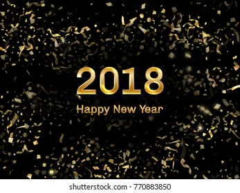 Modern 2018 Happy New Year card with gold flying confetti and streamers. Foil texture gold glitter confetti tinsels flying, Happy 2018 New Year text greeting card, placard, party invitation design