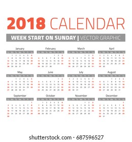 Modern 2018 year calendar start on sunday