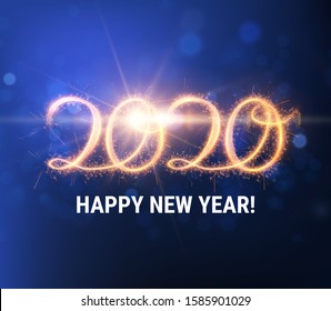 Modern 2020 new year, magic design for holiday background, poster web banner or flyer. Fire trail effect.  Abstract light painting trail speed 