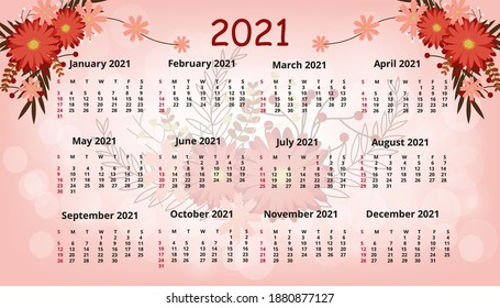 Modern 2021 calendar floral design.2021 calendar in modern eco nature life style. Simple minimal design with floral print. Week starts from Sunday.