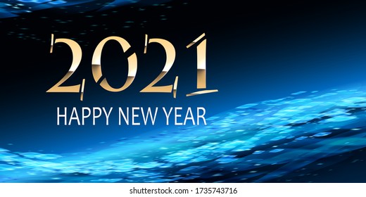 Modern 2021 Text Design in deep blue color. Light and bokeh with Happy New Year greeting. Vector.
