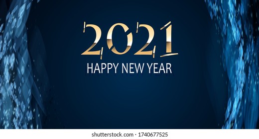Modern 2021 Text Design in deep blue color. Light and bokeh with Happy New Year greeting. Vector.