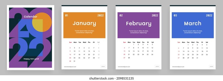 Modern 2022 сalendar design. 2022, 2023. Editable calendar page template A4, A3. Vertical. Simple monthly vertical photo calendar Layout for the 2022 year in English. Set of 3 months.